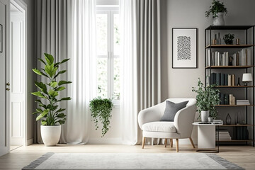 Fototapeta na wymiar Cozy Living Room Interior with White Chair, Bookshelf, and Blank Wall generative ai