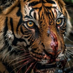 Close-up tiger after hunting with blood-covered face, wounded