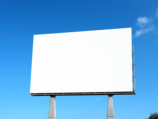 Blank white outdoor billboard on blue sky background with clipping path signboard, outdoor board mockup, billboard mock up for advertisement, adds presentation for companies, shops.