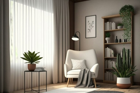 Cozy Living Room Interior with White Chair, Bookshelf, and Blank Wall generative ai