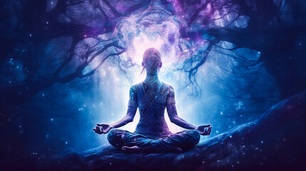 Illustration of a person meditating in a yoga pose in a fantasy forest, purple and dreamy landscape. Created with Generative AI.