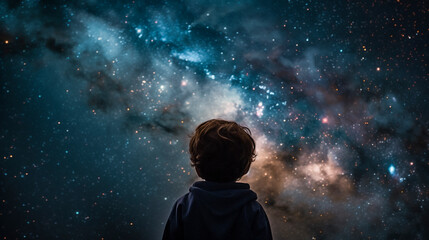 Fototapeta na wymiar Child gazing up at the galaxy. Created with Generative AI.