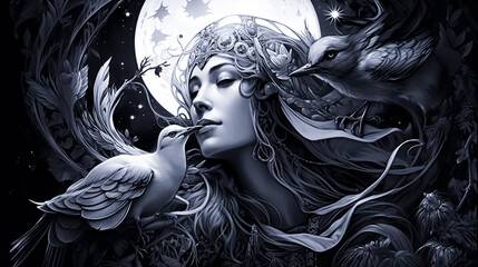 Silver illustration of a seafaring woman pirate with birds underneath a full moon. Created with Generative AI.