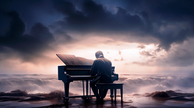 Silhouette of a man playing the piano at the end of the world; a quiet sonata or lament by the beach. Created with Generative AI.