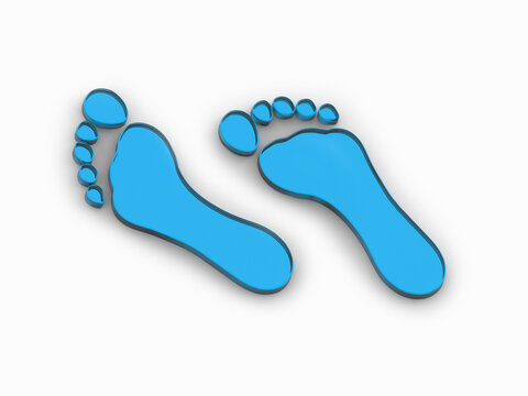 two blue glass bare footprints. bare footprint close up. 3D image. 3D rendering. Horizontal image.