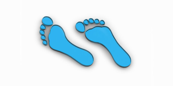 two blue glass bare footprints. bare footprint close up. 3D image. 3D rendering. Horizontal image. Banner for insertion into site.