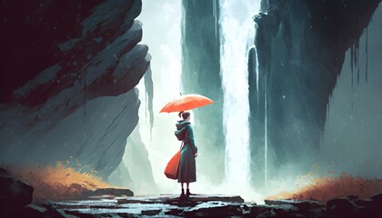 woman with an umbrella standing against waterfall, illustration painting, Generative AI