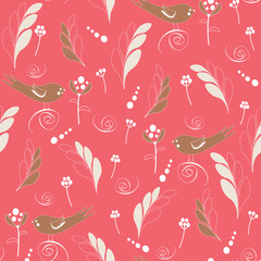 seamless pattern with abstract birds and plants