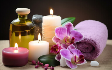 Spa relaxation concept featuring candles, massage oils, stones, and orchids for a tranquil experience.