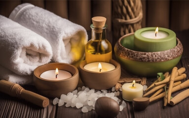 Aromatherapy spa set with candles, essential oils, and towels, ready for a rejuvenating session