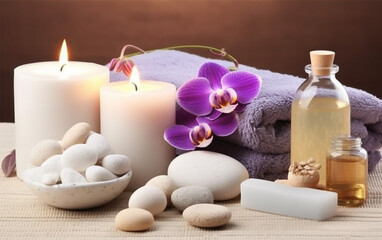 Obraz na płótnie Canvas Relaxing spa concept with candles, orchid flowers, massage oils, and stones for a serene setting.