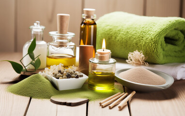 Fototapeta na wymiar Holistic spa essentials including oils, towels, and aromatic compounds for a rejuvenating experience.