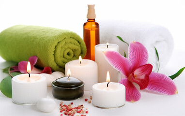 Spa and wellness setting with candles, plush towels, orchid, and massage oil for a relaxing atmosphere.