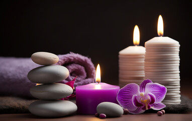 Tranquil spa setting with candles, stones, and an orchid for a serene and meditative atmosphere