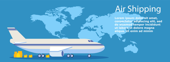Logistic banner with plane. Transportation of goods, international trade and global business. Import and export of products. Delivery by air service. Cartoon flat vector illustration