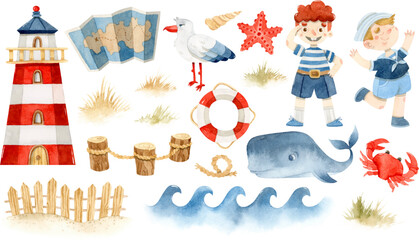 Watercolor nautical elements, lighthouse, sailor boys, seagull and whale