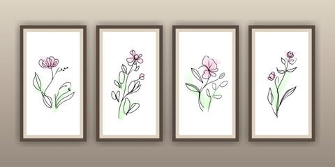 A set of framed line art prints with flowers