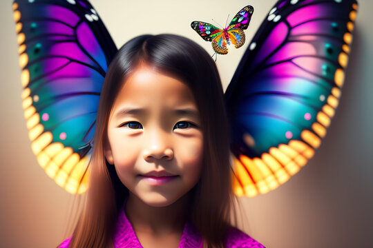 A girl with butterfly wings on her head