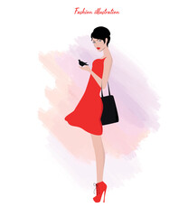 Fashion woman in red dress on watercolor background