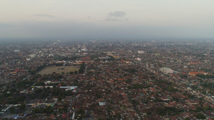 aerial view yogyakarta city cultural capital indonesia located on java island. Yogyakarta with buildings, highway at sunset time. aerial view