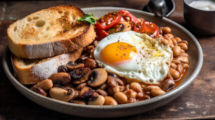 English breakfast, fried egg, beans, tomatoes, mushrooms, bacon and toast. Breakfast of Champions The Full English