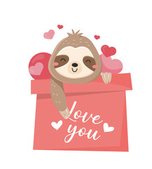 Cute sloths in gift box. Adorable animal for Valentines Day. Present or surprise, character with hearts. Romance and love. Poster or banner for website. Cartoon flat vector illustration