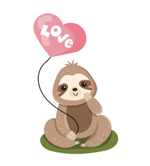 Cute sloths with heart air balloon. Adorable animal for Valentines Day. Love, romance, care and tenderness. Poster or banner for website. Cartoon flat vector illustration