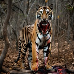 Full body shot tiger after hunting with blood-covered face, wounded