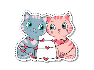 Gray and pink kittens tied with ribbon with hearts. Caty cat sticker for valentine. Metaphor of love and care, tenderness. Design element for greeting postcards. Cartoon flat vector illustration