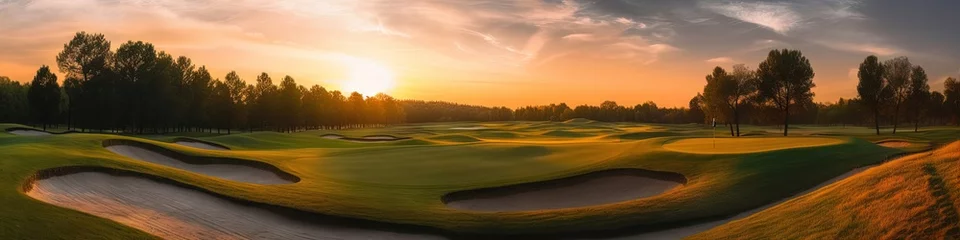 Gordijnen Golf course at sunset with beautiful sky and sand trap. Generative AI. © GustavsMD