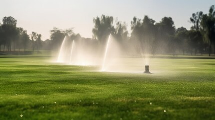 Naklejka na ściany i meble Close-up of Irrigation System Sprinkler on Golf Course. Generative AI.