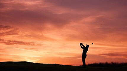 Silhouette of a golfer throwing a swinging club against a stunning sunset sky. Generative AI.
