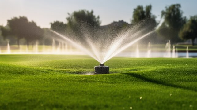 Close-up of Irrigation System Sprinkler on Golf Course. Generative AI.