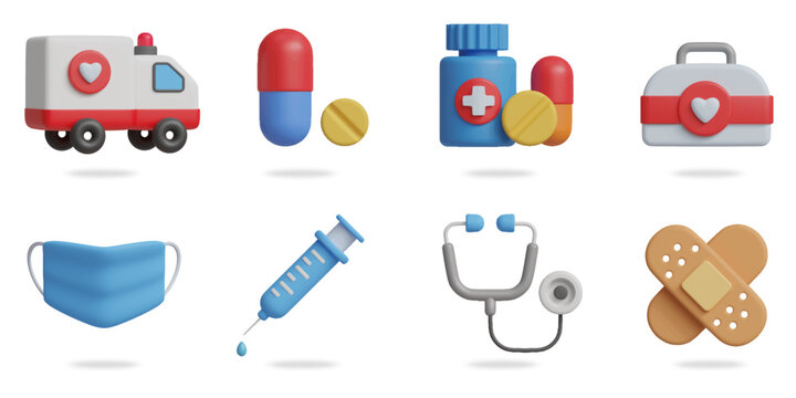 Medical 3D vector icon set.
ambulance,pills,pharmacy drug,medical equipment box,plaster,syringe,stethoscope,nurse