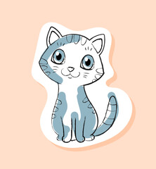Cute cat sticker. Charming white and gray kitten sits and looks. Charming and friendly pet, domestic animal. Template, layout and mock up. Cartoon flat vector illustration