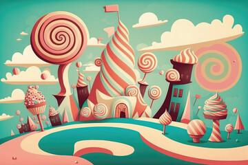 Cartoon illustration of a sweet town with lollipops trees and candy houses. Generative AI