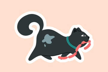 Cat with sausages sticker. Character stealing food from table, little hunter. Black kitten and pet, animal. Template, layout and mock up. Cartoon flat vector illustration