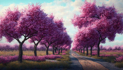 Rows of blooming trees with beautiful pink flowers. Generative AI