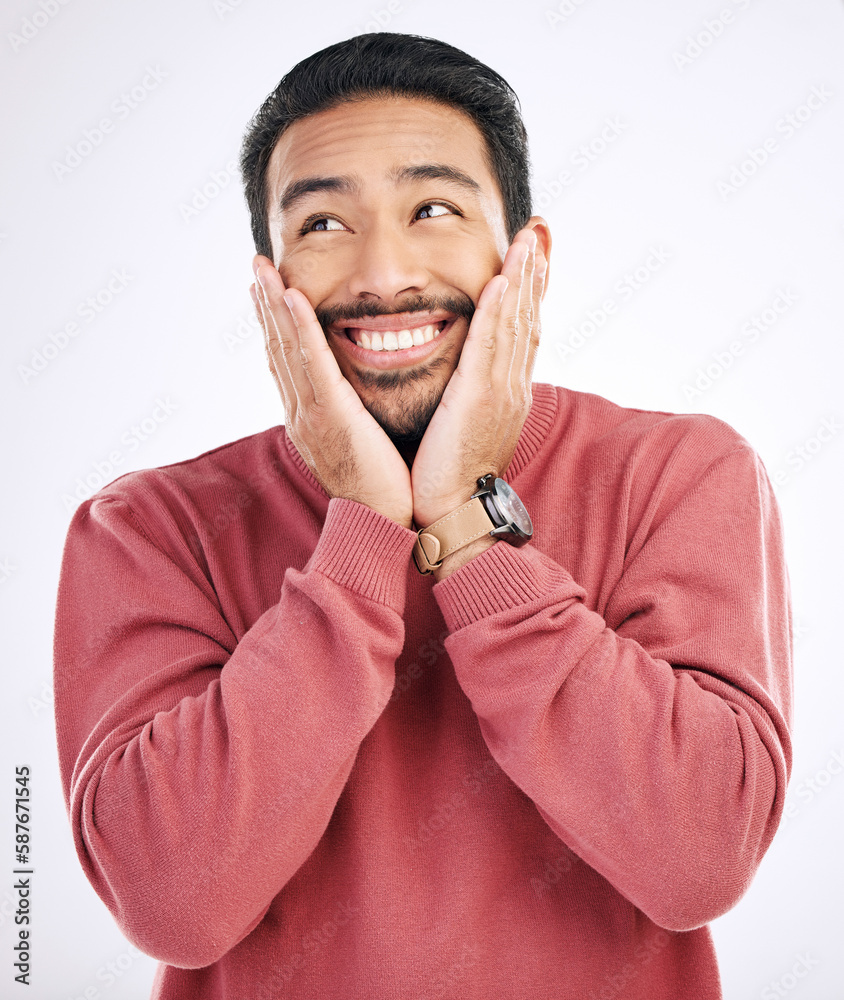 Poster happy, smile and man in a studio looking cute and handsome while thinking. isolated, white backgroun