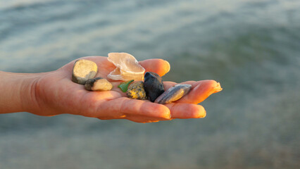 Fototapeta na wymiar Sea stones in woman's palm on blue sea background.