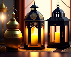 Holy quran and lantern and Arabic nd English text of Eid Mubarak meaning "Blessed Eid"
