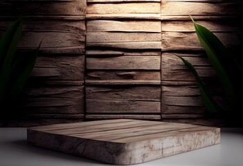 Wooden podium in rustic style, square platform for product presentation with green leaves on background. Generative AI.
