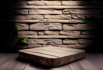 Wooden podium in rustic style, square platform for product presentation with green leaves on background. Generative AI.