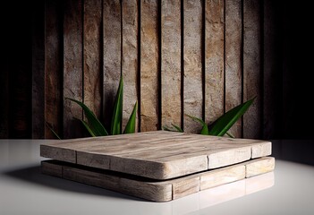 Wooden podium in rustic style, square platform for product presentation with green leaves on background. Generative AI.