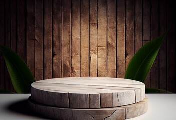 Wooden podium in rustic style, platform for product presentation with green leaves on background. Generative AI.