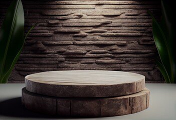 Wooden podium in rustic style, platform for product presentation with green leaves on background. Generative AI.