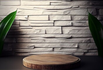 Wooden podium in rustic style, platform for product presentation with green leaves on background. Generative AI.