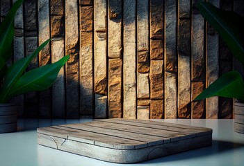 Wooden podium in rustic style, square platform for product presentation with green leaves on background. Generative AI.