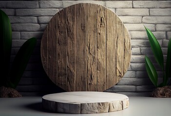 Wooden podium in rustic style, platform for product presentation with green leaves on background. Generative AI.