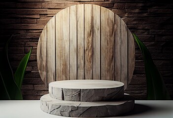 Wooden podium in rustic style, platform for product presentation with green leaves on background. Generative AI.